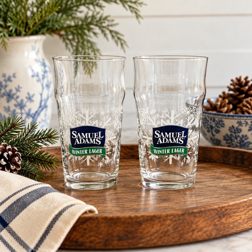 Samuel Adams Winter Lager Snowflake Pint Glasses Set of 2 Holiday Beer Glasses